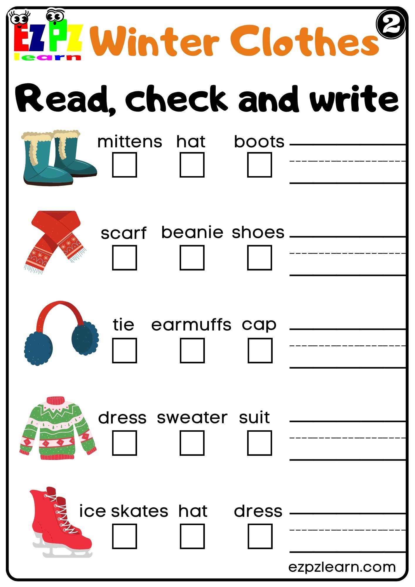 Winter Clothes Read Check and Write Worksheet K5 and ESL PDF Download Set 2